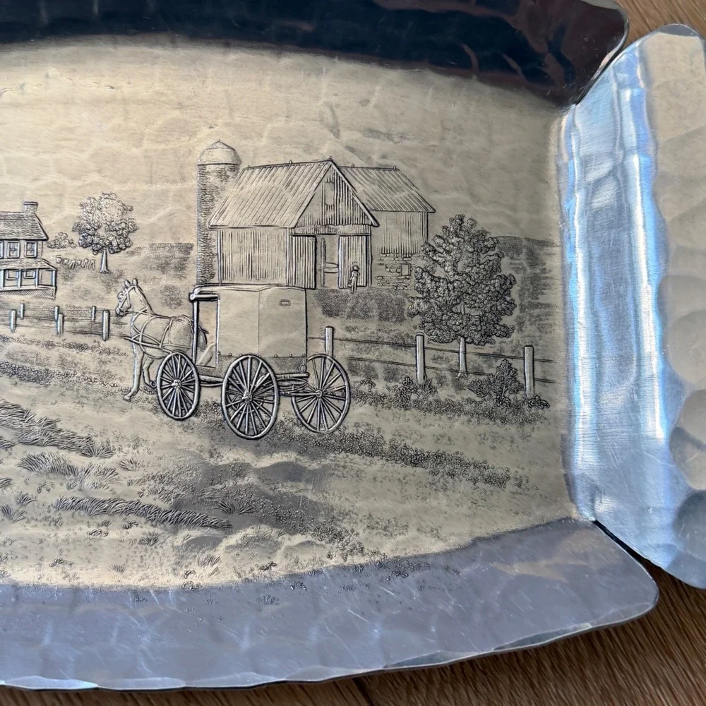 Wendell August Forge Hammered Aluminum Tray Amish Horse Buggy Farm Scene USA